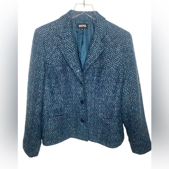 Kasper Jackets & Blazers - KASPER Royal Turquoise Gold Tweed Notch Collar Three Button Blazer Size 14